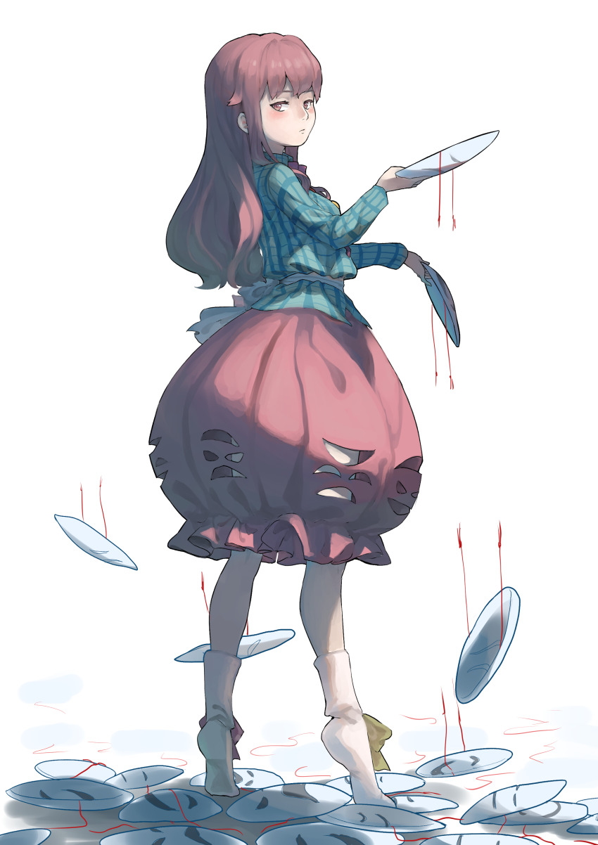 1girl absurdres ankle_bow ankle_ribbon blouse blue_shirt blush bow bowtie breasts bubble_skirt buttons character_cutout checkered_clothes checkered_shirt closed_mouth collared_shirt dropping expressionless face_cutout female_focus frilled_skirt frills from_side full_body half-closed_eyes hata_no_kokoro highres leg_ribbon long_hair looking_back mask no_shoes orange_eyes pink_bow pink_bowtie pink_hair pink_skirt plaid_clothes plaid_shirt ribbon sash shirt sidelocks simple_background skirt small_breasts solo tiptoes too_many touhou tuck_(tuck23978434) unworn_mask white_background white_bow white_legwear yellow_bow