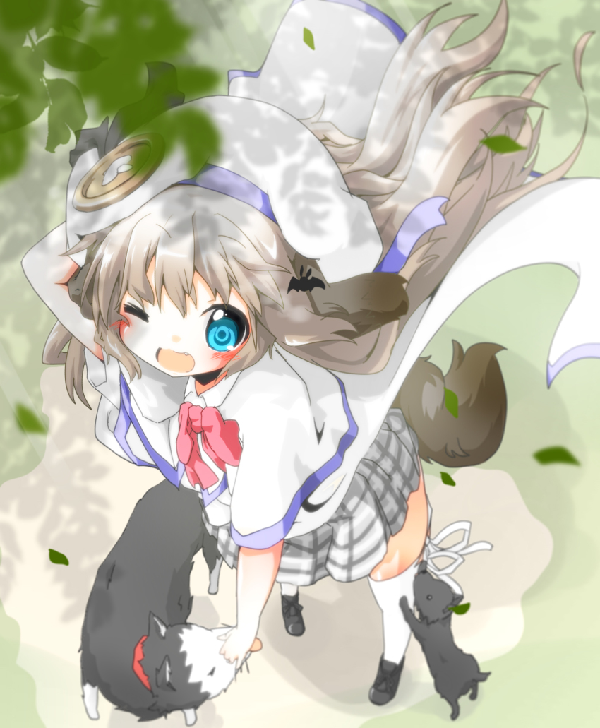 1girl animal_ears belka blue_eyes blush cape dog female_focus grey_hair hat highres kemonomimi_mode little_busters! long_hair noumi_kudryavka one_eye_closed open_mouth revision school_uniform solo soutsuki_naru strelka tail thighhighs wink