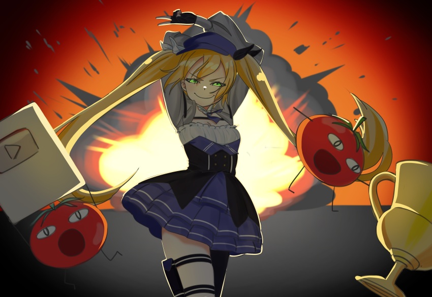 1girl absurdres arms_up blonde_hair blue_hat blue_skirt breasts brown_background character_name choker closed_mouth cropped_jacket crossed_arms dokibird_(vtuber) dokibird_(vtuber)_(retro_doki) dokibird_(vtuber)_(tomato) explosion_gag full_body green_eyes grey_jacket hat highres holding holding_trophy holster indie_virtual_youtuber jacket long_hair long_sleeves open_clothes open_jacket single_leg_pantyhose skirt small_breasts smile solo standing thigh_holster tomato trophy twintails v very_long_hair virtual_youtuber youtube_logo