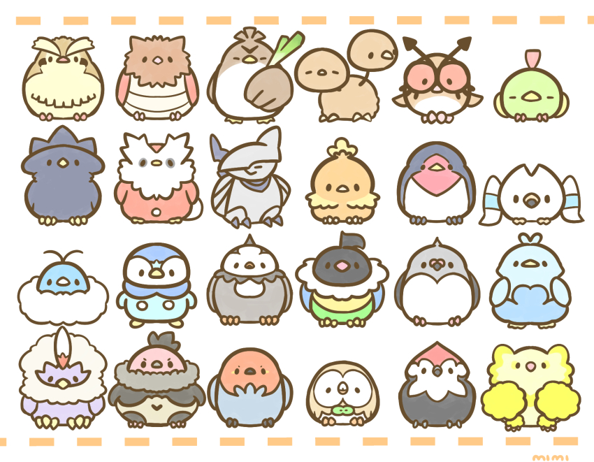 773mimisuke animal_focus artist_name bird black_eyes bow bowtie chatot chibi chibi_only chick chicken closed_eyes closed_mouth commentary_request crow delibird doduo duck ducklett duckling eagle eggshell fletchinder full_body game_freak gen_1_pokemon gen_2_pokemon gen_3_pokemon gen_4_pokemon gen_5_pokemon gen_6_pokemon gen_7_pokemon green_bow green_bowtie grey_eyes highres hoothoot looking_at_viewer multiple_heads murkrow natu nintendo no_humans oricorio oricorio_(pom-pom) owl parrot penguin pidgey pidove pigeon pink_eyes piplup pokemon pokemon_(creature) robin_(bird) rowlet seagull simple_background skarmory solid_oval_eyes spearow spring_onion starling swablu swallow_(bird) swellow torchic vullaby vulture white_background wingull