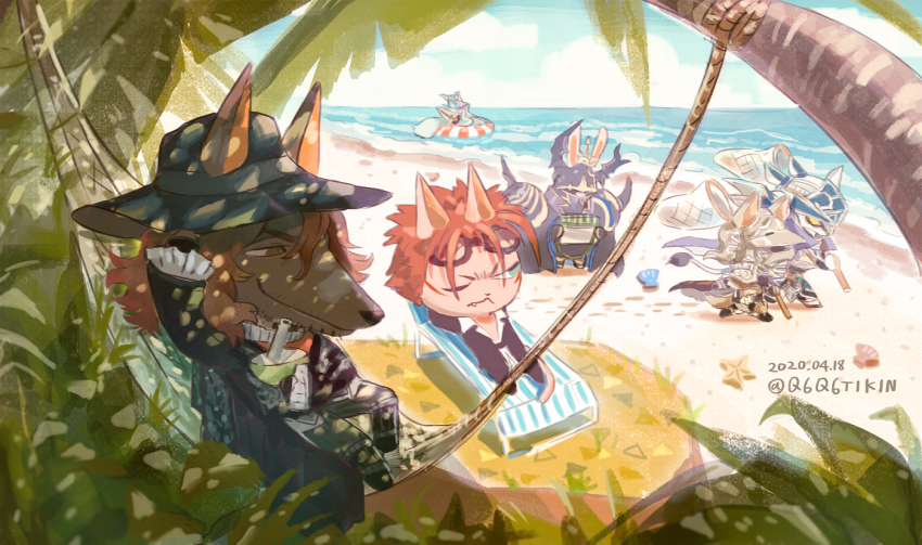 6+boys animal_crossing animalization annoyed ardyn_izunia armor bad_id bad_twitter_id beach butterfly_net cape exdeath fang final_fantasy final_fantasy_i final_fantasy_iv final_fantasy_v final_fantasy_vii final_fantasy_viii final_fantasy_xii final_fantasy_xv gabranth_(ff12) garland_(ff1) goggles goggles_on_head golbez hammock hand_net hat innertube looking_at_another multiple_boys nintendo q6q6tikin red_hair reno_(ff7) seashell shade shell smile starfish swim_ring