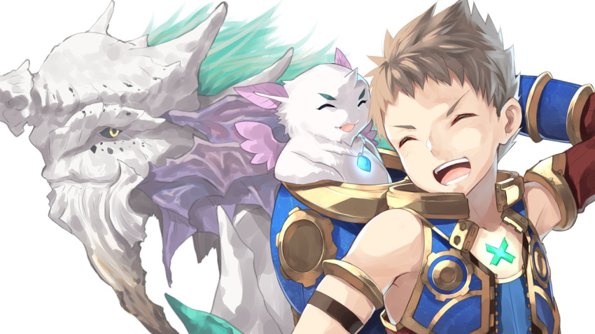 1boy azurda_(xenoblade) black_hair bodysuit brown_hair closed_eyes commentary_request gloves male_focus rex_(xenoblade) short_hair simple_background smile white_background xenoblade_chronicles_(series) xenoblade_chronicles_2 yappen