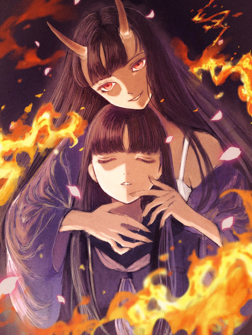 2girls absurdres black_hair camisole closed_eyes commentary_request dual_persona edaori fire highres horns japanese_clothes kimono long_hair multiple_girls oni original parted_lips red_eyes school_uniform serafuku single_bare_shoulder skin-covered_horns smile upper_body white_camisole