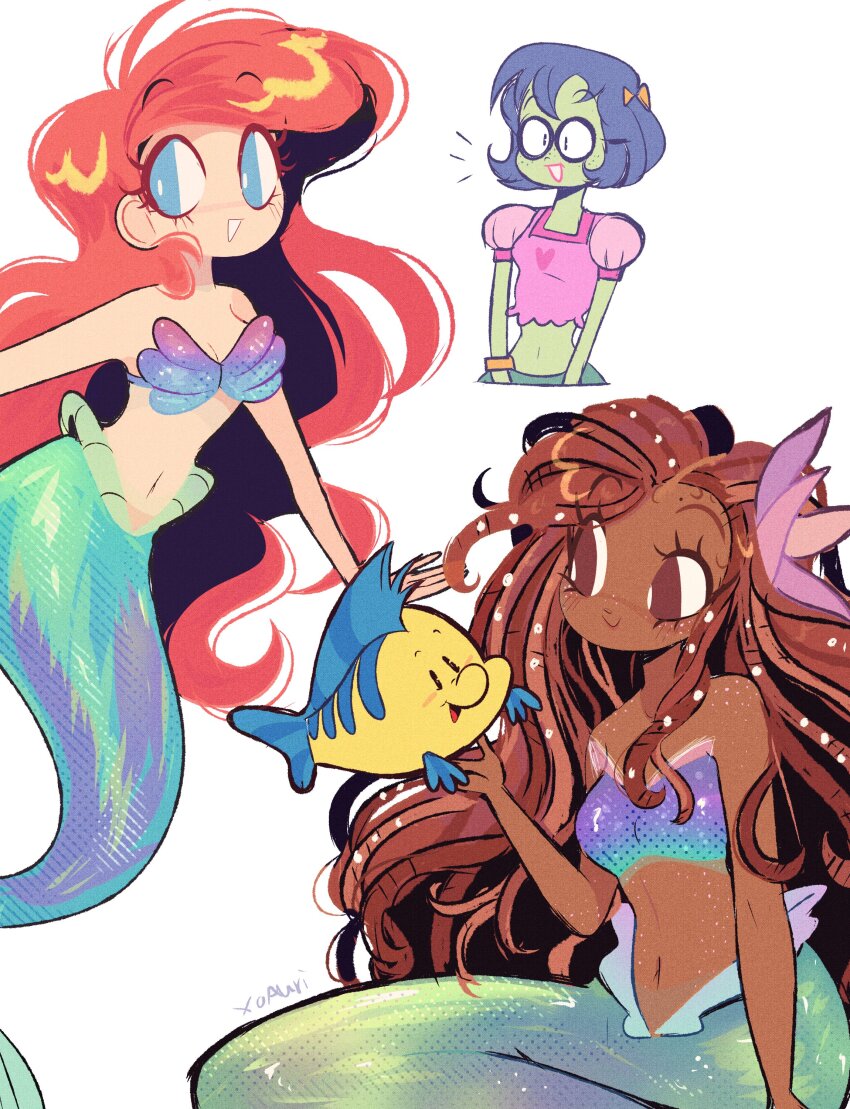 3girls absurdres ariel_(disney) blue_eyes blue_hair bow brown_eyes dark-skinned_female dark_skin dreadlocks flounder_(the_little_mermaid) flower glasses hair_bow hair_flower hair_ornament hand_on_another&#039;s_face heart highres looking_at_another looking_at_viewer mermaid mermay_2023 midriff monster_girl multiple_girls navel open_mouth princess_mindy red_hair revauri signature simple_background smile solo_focus spongebob_squarepants_(series) the_little_mermaid_(2023) the_little_mermaid_(disney) the_spongebob_squarepants_movie white_background