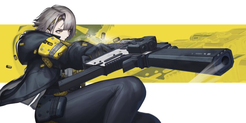 absurdres black_gloves black_jacket black_pants brown_hair closed_mouth commentary english_commentary firing gangsta_hold girls&#039;_frontline girls&#039;_frontline_2:_exilium gloves gun hair_ornament hairpin highres hood hooded_jacket jacket kriss_vector lieeux open_clothes open_jacket pants shell_casing short_hair simple_background submachine_gun suppressor two-tone_background vector_(girls&#039;_frontline) vector_(girls&#039;_frontline_2) weapon white_background x_hair_ornament yellow_background yellow_eyes zoom_layer