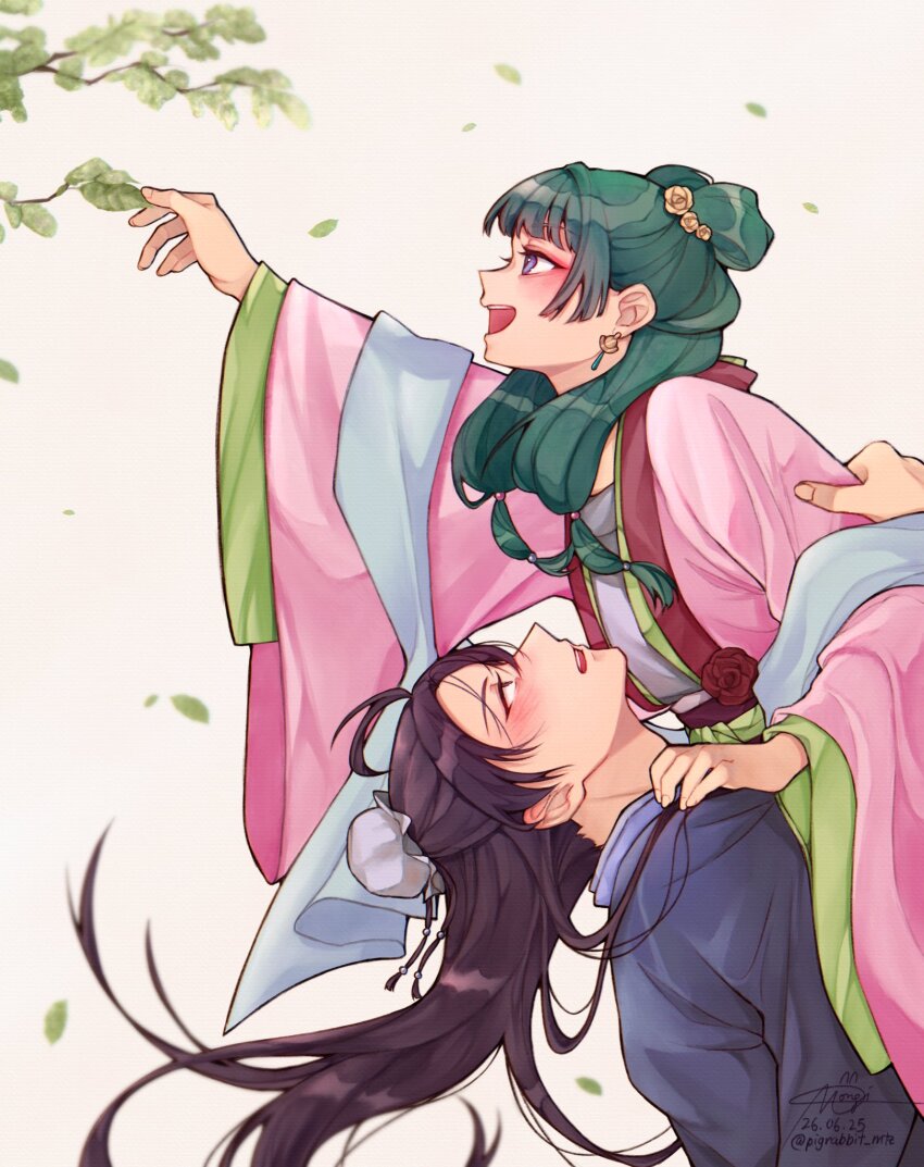 1boy 1girl beads black_robe blunt_bangs blush bun_cover chinese_clothes couple dated double_bun earrings falling_leaves flower hair_beads hair_bun hair_flower hair_ornament half_updo hetero highres jewelry jinshi_(kusuriya_no_hitorigoto) kusuriya_no_hitorigoto leaf looking_at_another maomao_(kusuriya_no_hitorigoto) open_mouth outstretched_hand parted_lips pigrabbit_mtz pink_robe robe sidelocks sign smile twitter_username