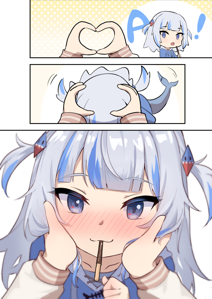 ! 2girls 3koma a_(phrase) absurdres animal_costume animal_hood blue_eyes blue_hair blue_hoodie blunt_bangs blush comic commentary english_commentary fins fish_tail food gawr_gura grey_hair hair_ornament hands_on_another&#039;s_cheeks hands_on_another&#039;s_face highres hirotaka0125 hololive hololive_english hood hoodie incoming_pocky_kiss looking_at_viewer medium_hair multicolored_hair multiple_girls pocky pov pov_hands shark_costume shark_girl shark_hair_ornament shark_hood shark_tail sidelocks snoot_challenge streaked_hair tail tail_wagging two-tone_hair two_side_up virtual_youtuber watson_amelia