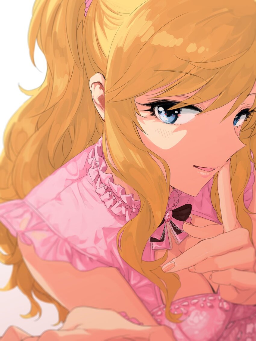 1girl blonde_hair blue_eyes breasts cleavage commentary_request dress from_above goshiki_suzu highres idolmaster idolmaster_cinderella_girls long_hair looking_at_viewer ohtsuki_yui parted_lips pink_dress smile solo upper_body