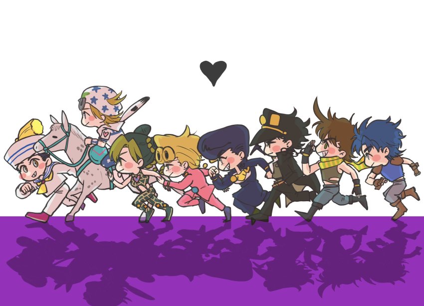 1girl 6+boys battle_tendency black_footwear black_hair black_headwear blonde_hair blue_hair blue_shirt blush brown_hair coat diamond_wa_kudakenai green_hair higashikata_josuke higashikata_josuke_(jojolion) highres horse johnny_joestar jojo_no_kimyou_na_bouken jojolion jonathan_joestar joseph_joestar joseph_joestar_(young) kuujou_jolyne kuujou_joutarou multiple_boys on_animal pants phantom_blood pink_pants pompadour purple_background red_footwear riding running sailor scarf shadow shirt simple_background slow_dancer_(jojo) slow_dancer_(sbr) stardust_crusaders steel_ball_run stone_ocean vento_aureo wao white_background white_headwear