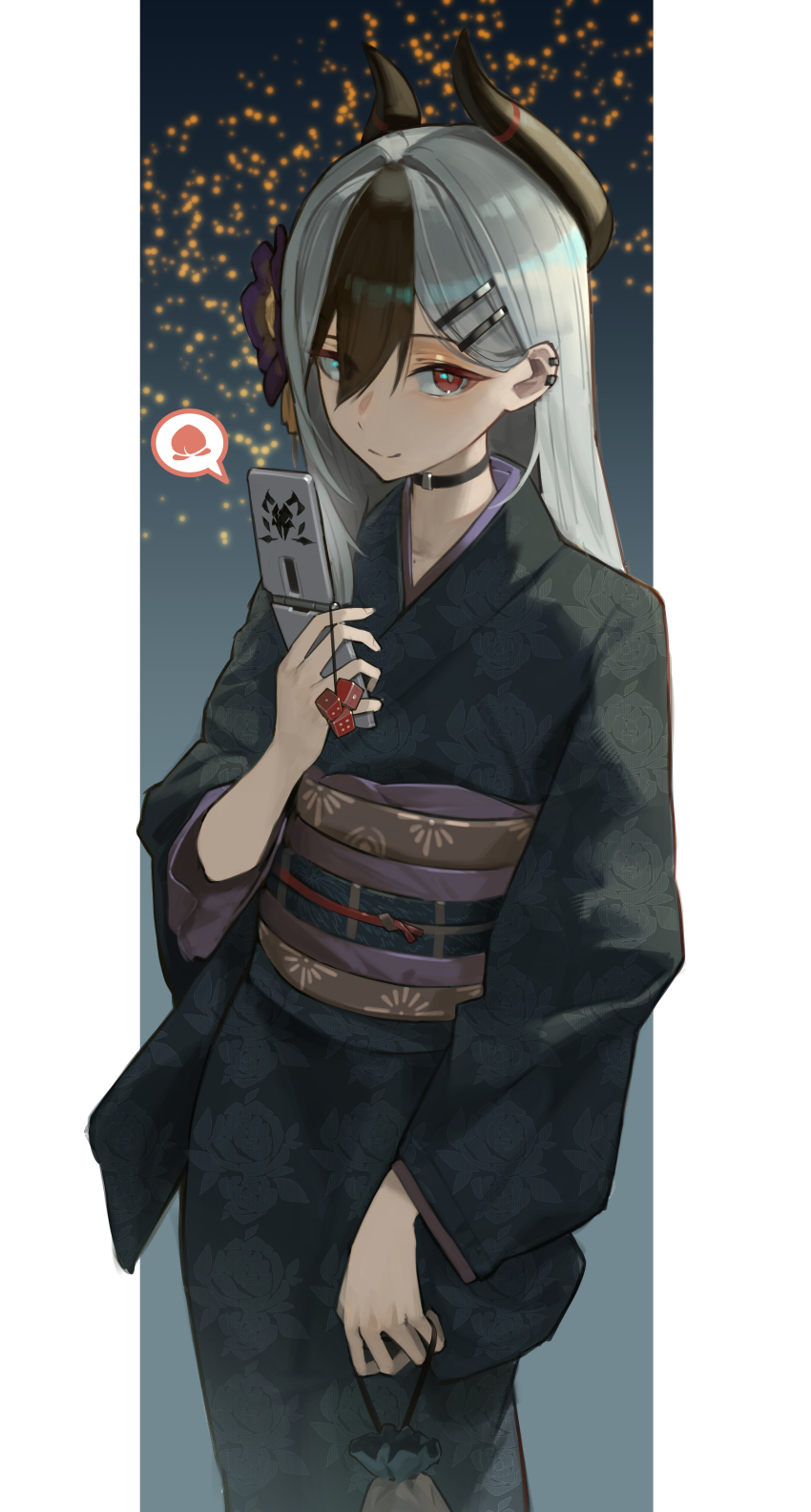 1girl absurdres black_hair black_kimono blue_archive blush closed_mouth collar demon_girl demon_horns ear_piercing esnowg hair_behind_ear hair_between_eyes hair_ornament hairclip highres holding holding_phone horns japanese_clothes kayoko_(blue_archive) kayoko_(new_year)_(blue_archive) kimono looking_at_viewer multicolored_hair official_alternate_costume official_alternate_hairstyle phone piercing red_eyes smile solo two-tone_hair white_hair