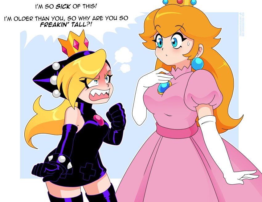 &gt;:( 2girls absurdres angry bare_shoulders black_dress black_footwear black_gloves blonde_hair blue_brooch blue_eyes blue_gemstone boots bracelet breasts clenched_hand crown dress earrings elbow_gloves eyelashes gem gloves hair_between_eyes hair_over_one_eye hand_on_own_chest head_steam height_conscious height_difference highres hood hood_up hooded_dress jealous jewelry large_breasts latex latex_dress leather_dress mario_(series) mario_power_tennis mario_tennis medium_breasts mini_crown multiple_girls nico-neko nintendo parted_lips petite pink_brooch pink_dress pink_gemstone princess_peach puffy_short_sleeves puffy_sleeves purple_dress purple_footwear purple_gloves sharp_teeth short_dress short_sleeves shouting sleeveless sleeveless_dress sphere_earrings spiked_bracelet spikes teeth thigh_boots v-shaped_eyebrows warupeach white_gloves x_cutout