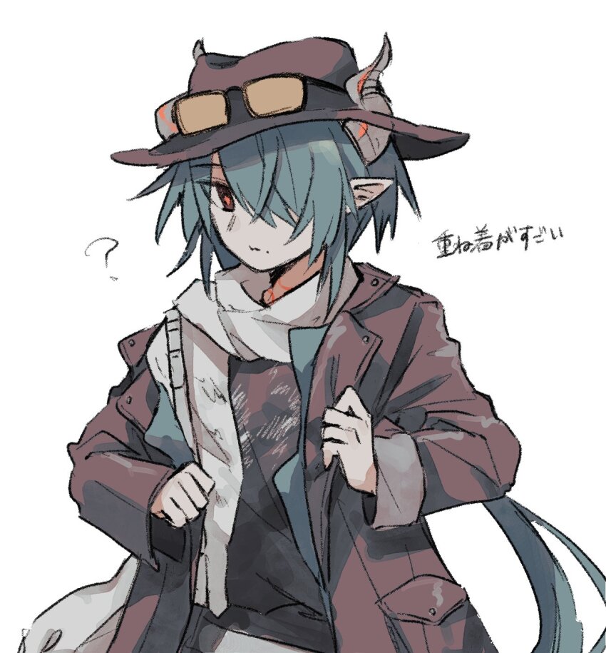1boy ? arknights black_eyes black_shirt brown_coat brown_hat closed_mouth coat commentary diamond-shaped_pupils diamond_(shape) eyewear_on_head green_hair grey_horns grey_scarf hair_over_one_eye hat highres horns horns_through_headwear lapels long_hair long_sleeves looking_at_viewer male_focus mitm_(arknights) one_eye_covered orange_pupils pointy_ears scarf shirt simple_background solo split_mouth sushi_no_ark symbol-shaped_pupils tinted_eyewear translation_request white_background yellow-tinted_eyewear