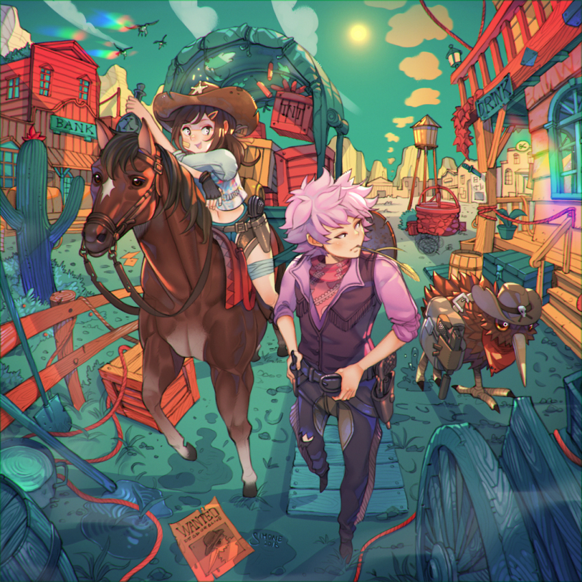 1boy 1girl alcohol aqua_shorts artist_name balcony bandaged_leg bandages bandaid bandaid_on_cheek bandaid_on_face bank barber barrel bird black_pants black_shoes blue_sky bottle brown_hair brown_horse brown_vest building cactus chaps cloud commentary covered_wagon cowboy_fringe cowboy_hat cowboy_western crate dated english_commentary explosive fence grey_shirt gun hair_ornament hairclip hand_on_belt handgun hat hat_on_back holding holding_bottle holster horseback_riding kiwi_(bird) liquor long_hair looking_to_the_side mountainous_horizon mouth_hold multicolored_vest neckerchief original pants pink_hair pink_neckerchief pink_shirt puddle railing red_neckerchief reins riding sheriff_badge shirt shoes short_hair shorts shovel simz sky smoke_signal stalk_in_mouth sun tavern thigh_holster tnt torn_clothes torn_pants town tumbleweed vest vulture wagon walking wanted_poster water_tower weapon wooden_fence wooden_stairs