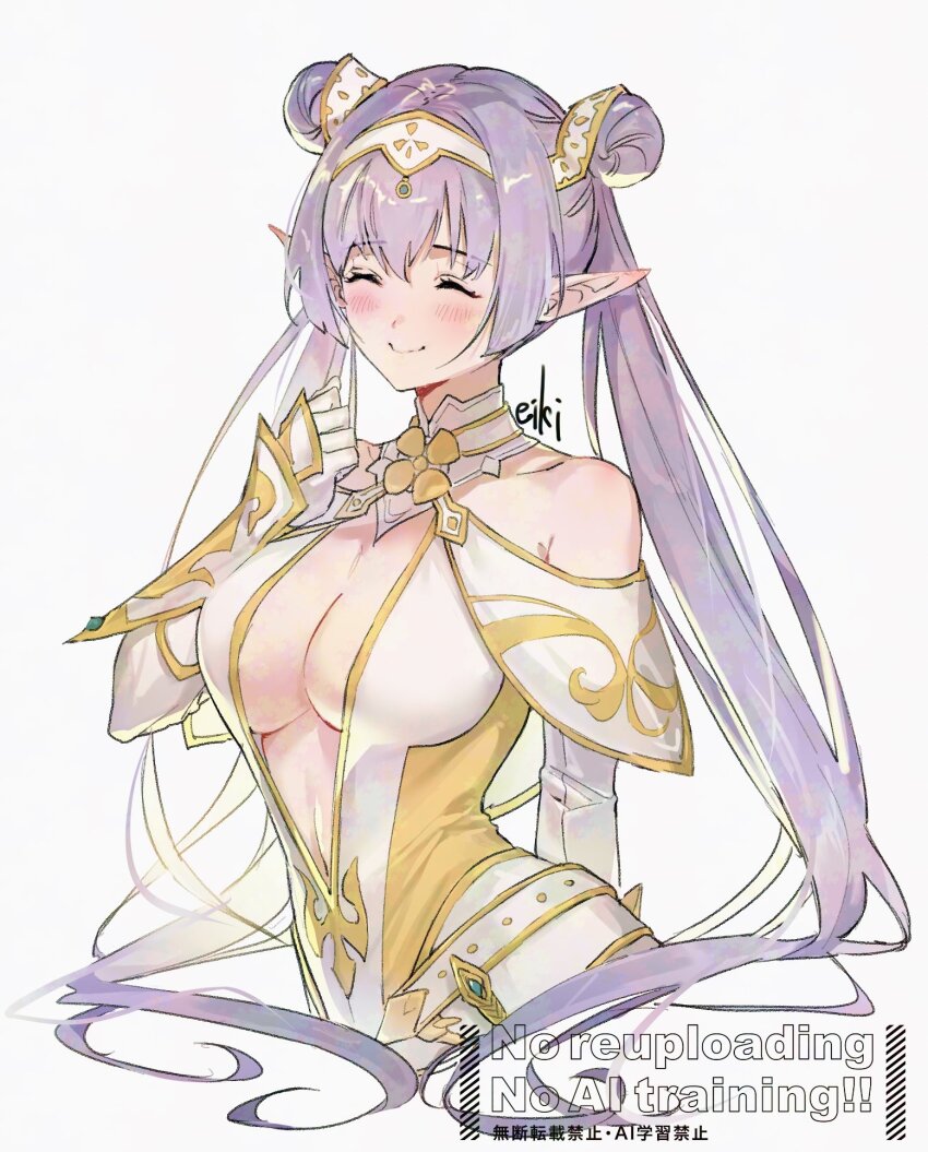1girl arm_guards bare_shoulders blush breasts britomart_(fate) britomart_(second_ascension)_(fate) capelet center_opening cleavage closed_mouth double_bun dress eiki_(eikityou_55) elbow_gloves fate/grand_order fate_(series) gloves gold_trim grey_hair hair_bun hairband highres large_breasts long_hair pointy_ears smile solo taut_clothes taut_dress twintails very_long_hair white_capelet white_dress white_gloves