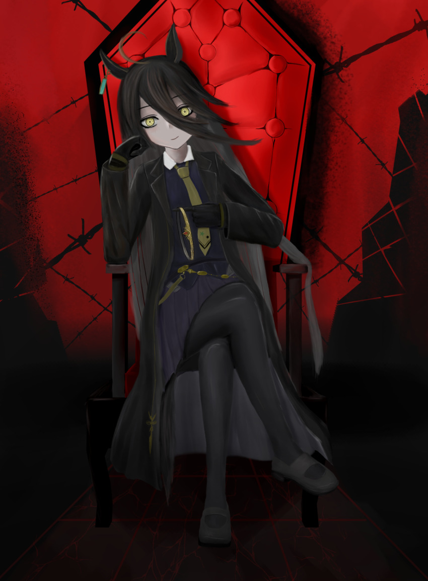 1girl ahoge barbed_wire black_coat black_gloves black_hair black_pantyhose black_shirt black_shoes black_skirt chair closed_mouth coat collared_shirt crossed_legs ear_tag earrings gloves grey_hair hair_between_eyes hand_up head_rest head_tilt highres jewelry long_bangs long_hair long_hair_between_eyes long_sleeves looking_at_viewer manhattan_cafe_(umamusume) multicolored_hair necktie open_clothes open_coat pantyhose pleated_skirt red_theme shirt shoes single_earring sitting skirt smile solo thefatum umamusume upper_body very_long_hair yellow_eyes yellow_necktie