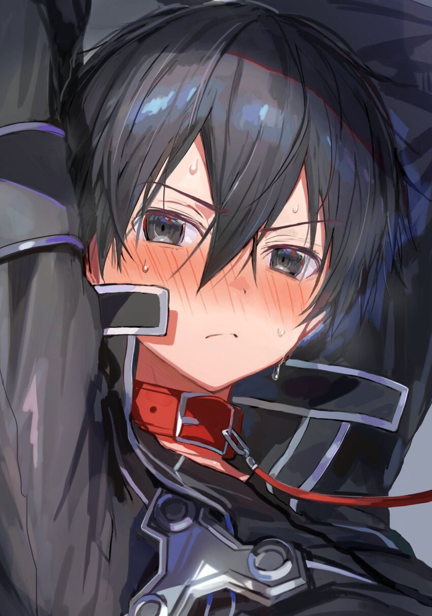 1boy absurdres arms_up black_hair black_jacket blush bound bound_arms close-up closed_mouth collar collared_jacket embarrassed flustered grey_eyes hair_between_eyes highres jacket kirito leash looking_at_viewer male_focus ogura_ari restrained short_hair solo sweatdrop tears upper_body