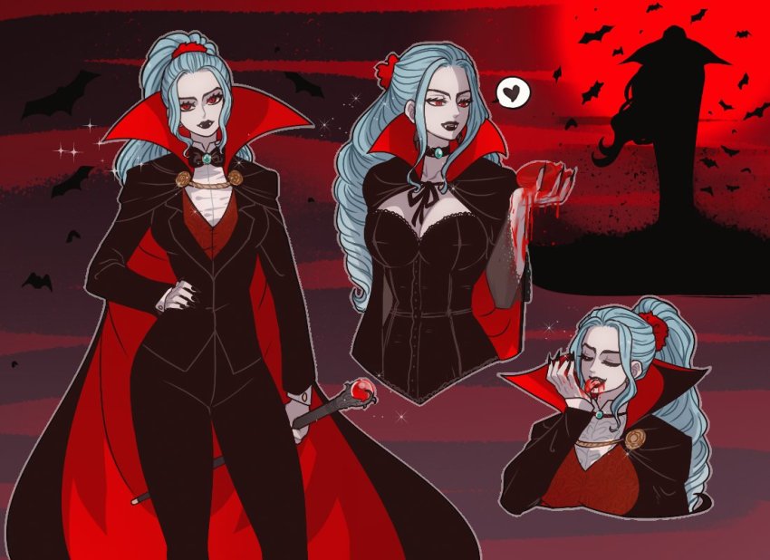 1girl animal bats blue_hair cape costume fangs female_focus halloween halloween_costume lipstick long_hair makeup millorart multiple_persona nefertari_vivi one_piece ponytail red_eyes red_lips sharp_teeth solo teeth vampire vampire_costume