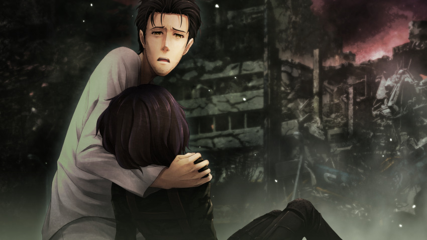 1boy 1girl aged_up arm_around_neck black_hair black_pants bob_cut camouflage camouflage_jacket coat dying facial_hair from_behind frown game_cg highres holding hug huke jacket light_particles long_hair long_sleeves looking_at_another looking_down male_focus multiple_boys night non-web_source official_art okabe_rintarou okabe_rintarou_(beta) open_mouth original outdoors pants ringed_eyes sad short_hair skin_tight sky steins;gate steins;gate_0 teeth tongue upper_teeth_only urushibara_luka yellow_eyes