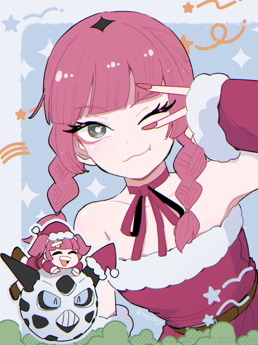 1girl bare_shoulders blush christmas closed_eyes closed_mouth coral_(pokemon) dress eyelashes fang fur-trimmed_dress fur_trim gen_3_pokemon glalie grey_eyes hair_ornament hat highres looking_at_viewer mogutory nintendo one_eye_closed open_mouth pink_hair pokemon pokemon_(anime) pokemon_horizons red_hat santa_costume santa_dress santa_hat sleeveless smile twintails