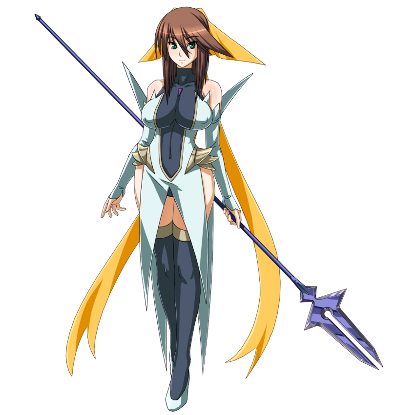 1girl bare_shoulders black_thighhighs breasts brown_hair covered_navel detached_sleeves full_body fushisha_o green_eyes hair_between_eyes hair_ribbon highres holding holding_polearm holding_weapon impossible_clothes kagano_megu large_breasts leotard light_smile long_hair looking_at_viewer mahou_shoujo_ai non-web_source polearm ribbon skin_tight smile solo spear standing thighhighs transparent_background turtleneck weapon yellow_ribbon