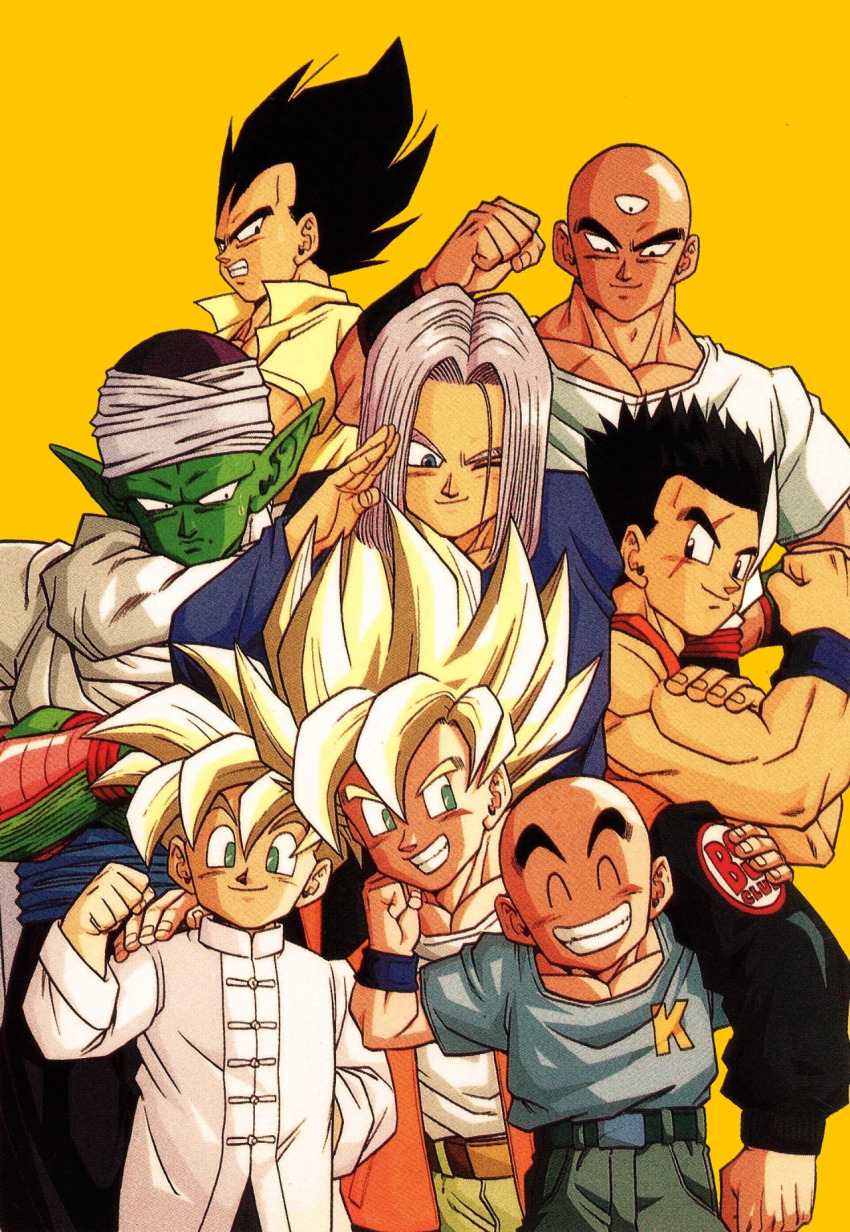 6+boys black_hair closed_eyes colored_skin dragon_ball dragonball_z green_skin highres kuririn looking_at_viewer looking_down multiple_boys muscular muscular_male official_art one_eye_closed piccolo pointy_ears scan scar scar_across_eye scar_on_face shirt smile son_gohan son_goku tenshinhan trunks_(dragon_ball) vegeta yamcha