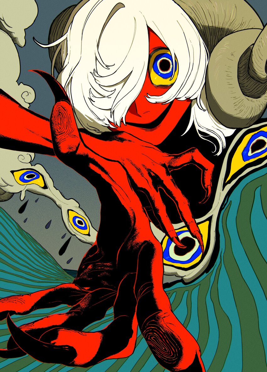 1girl absurdres blue_eyes colored_sclera colored_skin fingernails grey_background hair_over_one_eye highres horns looking_at_viewer momomo_906 original reaching reaching_towards_viewer red_skin sharp_fingernails sheep_girl sheep_horns simple_background solo upper_body white_hair yellow_sclera