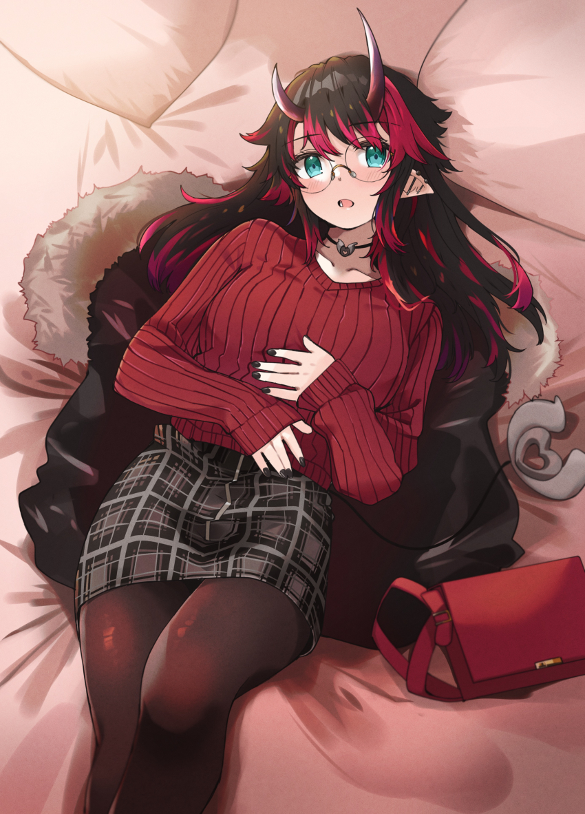 1girl absurdres bag black_hair blue_eyes choker demon_girl demon_horns ear_piercing highres horns jacket jacket_on_shoulders long_hair lying multicolored_hair nanashi_inc. on_back open_mouth pantyhose piercing pointy_ears red_hair ryugasaki_rene skirt solo sugar_lyric sweater two-tone_hair virtual_youtuber zono_(inokura_syuzo029)