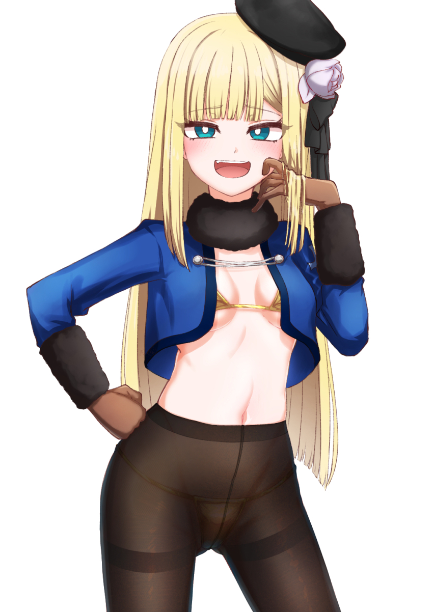 1girl aqua_eyes beret bikini black_hat blonde_hair blue_jacket blush breasts brown_gloves brown_pantyhose cropped_jacket fate/grand_order fate_(series) flower fur_collar gloves gold_bikini grey_flower grey_rose hat highres jacket long_hair long_sleeves looking_at_viewer lord_el-melloi_ii_case_files nakunaro navel open_mouth pantyhose reines_el-melloi_archisorte rose sidelocks small_breasts solo swimsuit thighband_pantyhose thighs