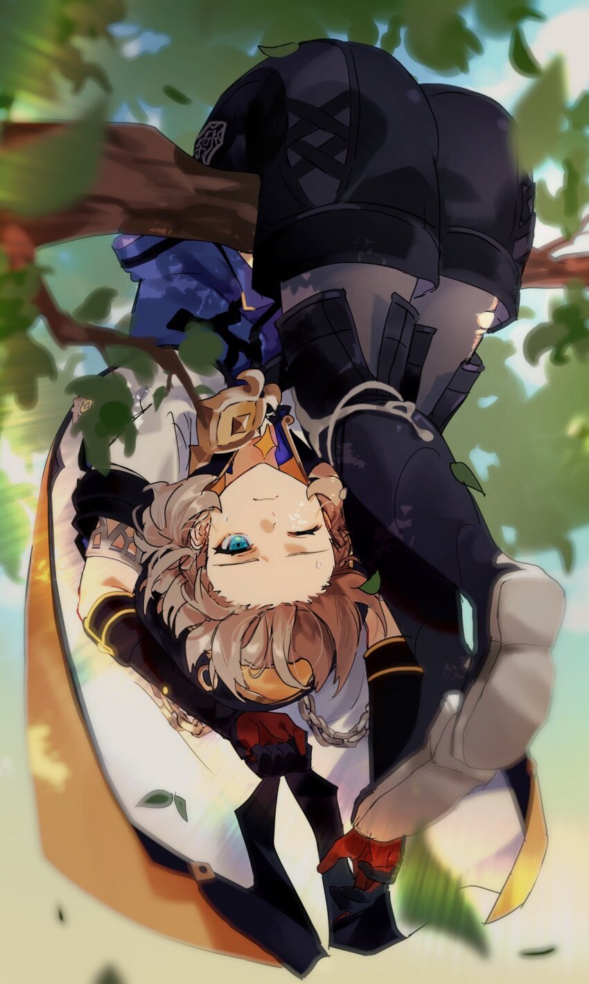 1boy albedo_(genshin_impact) black_boots black_gloves black_shorts blonde_hair blue_eyes blue_sky boots closed_mouth genshin_impact gloves hanging_from_tree highres hka_alc looking_at_viewer male_focus one_eye_closed short_sleeves shorts sky solo thigh_boots tree upside-down