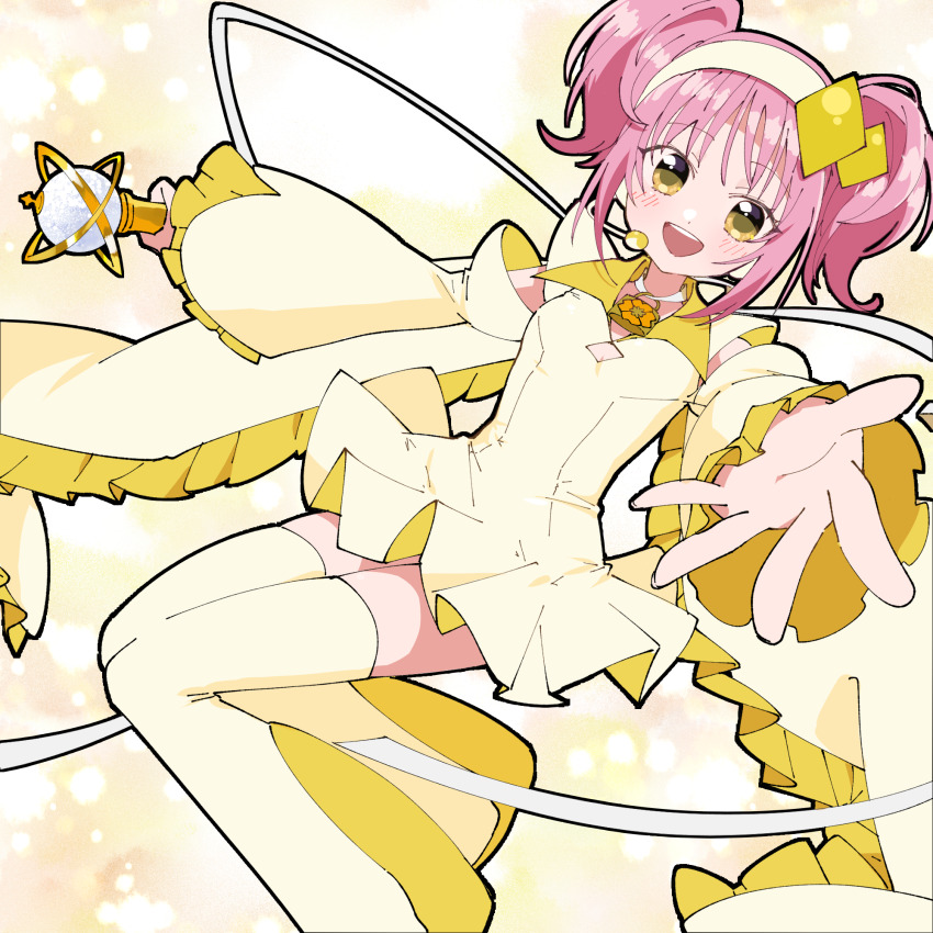 1girl amulet_dia blush diamond_hair_ornament dress headband headset highres hinamori_amu jewelry looking_at_viewer necklace off-shoulder_dress off_shoulder open_mouth pink_background pink_hair sakuragi_mochi shugo_chara! smile solo spectre thighhighs twintails white_background white_headband white_headwear white_thighhighs