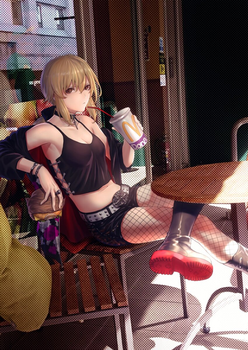 1girl artoria_pendragon_(fate) bare_shoulders belt black_boots black_jacket black_ribbon black_shorts black_tank_top blonde_hair blush boots bracelet breasts buckle burger casual chair choker cleavage collarbone commentary_request cross-laced_slit crossed_legs cup cushion day disposable_cup drinking_straw expressionless fate/grand_order fate/stay_night fate_(series) fishnet_pantyhose fishnets food hair_between_eyes hair_ribbon highres holding holding_cup holding_food jacket jewelry knee_boots long_hair looking_at_viewer mcdonald&#039;s medium_breasts midriff mugetsu2501 navel off_shoulder official_alternate_costume pantyhose ribbon ring saber_alter saber_alter_(ver._shinjuku_1999) saber_alter_(ver._shinjuku_1999)_(fate) shorts sideless_outfit sidelocks sitting solo storefront table tank_top wristband yellow_eyes
