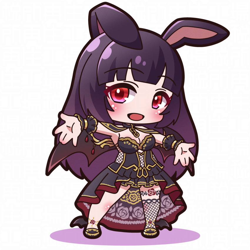 1girl :d absurdres animal_ears black_dress black_hair black_shoes black_wings blush bosuke_(vtuber) breasts chibi cleavage colored_shadow commentary_request dress fishnet_thighhighs fishnets full_body gradient_hair highres indie_virtual_youtuber long_hair looking_at_viewer medium_breasts multicolored_hair open_mouth outstretched_arms purple_hair rabbit_ears red_eyes saishosaisekojo shadow shoes single_thighhigh smile solo standing strapless strapless_dress thighhighs very_long_hair virtual_youtuber white_background wings wrist_cuffs