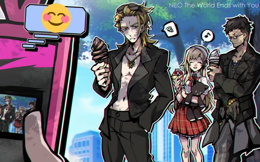 1girl 3boys abs animal_print black_jacket black_pants blonde_hair blue_sky building butterfly_necklace butterfly_print cellphone city closed_eyes collared_jacket collared_shirt crepe emoji emoticon eyebrows food glasses gloves grey_hair hand_in_pocket headphones highres hishima_(ntwewy) holding holding_food holding_ice_cream holding_stuffed_toy ice_cream jacket jewelry kaie_(ntwewy) long_hair matsunae_tsugumi multiple_boys necklace no_shirt nyantan open_clothes open_jacket outdoors pants phone plaid_clothes plaid_skirt rectangular_eyewear school_uniform shiba_(ntwewy) shin_subarashiki_kono_sekai shirt skirt sky smartphone smartphone_case smile sports_jacket striped_clothes striped_shirt stuffed_animal stuffed_cat stuffed_toy subarashiki_kono_sekai sunglasses_on_head sweatdrop tree two-tone_skirt undercut white_shirt