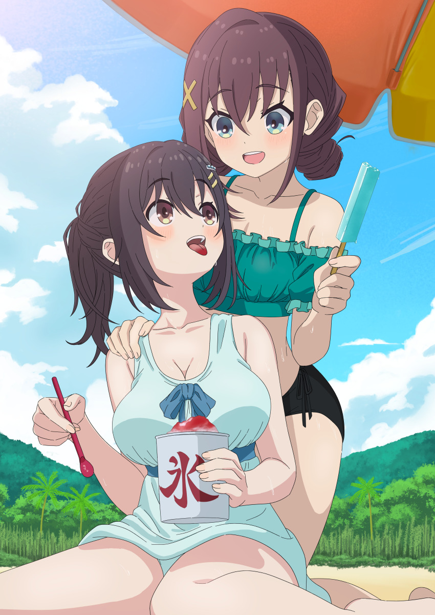 2girls absurdres aqua_bikini bare_legs bare_shoulders bikini black_hair blue_dress blue_eyes blue_ribbon blue_sky blush breasts brown_eyes brown_hair cleavage cloud collarbone colored_tongue commentary double_bun dress dress_swimsuit drinking_straw food frilled_bikini frills furutachi_kurea hair_bun hair_ornament hairclip hand_on_another&#039;s_shoulder hibi_wa_sugiredo_meshi_umashi highres holding holding_drinking_straw holding_food holding_popsicle holding_shaved_ice kawai_mako large_breasts looking_at_another mismatched_bikini mountain multiple_girls obashiso open_mouth outdoors palm_tree parallel_hairclips parasol ponytail popsicle ribbon sand shaved_ice sidelocks sitting sky small_breasts string_bikini sweat swimsuit teeth tongue tongue_out tree umbrella upper_teeth_only waist_ribbon wariza x_hair_ornament
