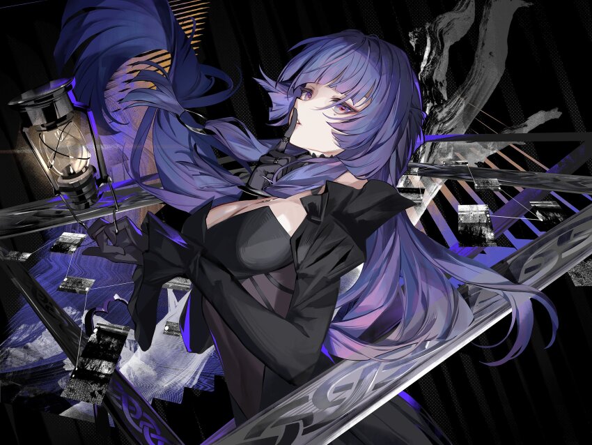 1girl alternate_costume black_gloves bow breasts dark_background dress finger_to_mouth gloves hat highres jewelry lantern long_hair long_sleeves looking_at_viewer multiple_rings open_mouth patchouli_knowledge purple_eyes purple_hair reeh_(yukuri130) ribbon ring smile solo touhou