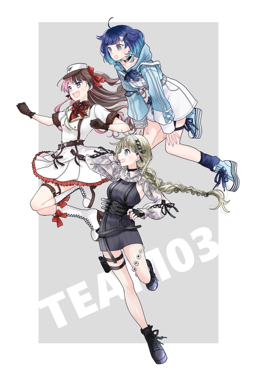 3girls :d :o ahoge arm_behind_head arm_up belt black_belt black_choker black_ribbon blue_bow blue_eyes blue_hair blue_hoodie blue_nails blue_shoes blue_socks boots border bow braid breasts brown_gloves brown_hair brown_shoes choker collarbone collared_shirt commentary_request dress dress_shirt fishnet_pantyhose fishnets floating_hair frilled_skirt frills gloves gradient_hair green_hair grey_background grey_shirt hair_bow hair_ornament hair_ribbon hairclip hanabusa_lisa hat high_heel_boots high_heels highres hood hood_down hoodie jacket knees_together_feet_apart lace-up_boots long_hair long_sleeves maru_(memoriatechnica) medium_breasts multicolored_hair multiple_girls nail_polish one_side_up open_mouth overall_skirt pantyhose pink_hair pleated_skirt profile puffy_long_sleeves puffy_short_sleeves puffy_sleeves purple_dress red_bow ribbed_dress ribbon shirt shoes short_sleeves single_braid skirt sleeves_past_wrists small_breasts smile socks strap_slip streaked_hair tachibana_hinano tsumugi_kokage two-tone_hair very_long_hair virtual_youtuber vspo! white_boots white_border white_hat white_jacket white_skirt
