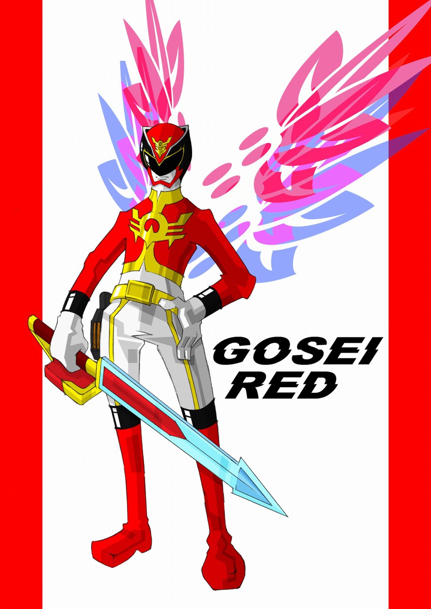 1boy arata_(tensou_sentai_goseiger) belt gosei_red helmet highres male_focus marimo_jun solo super_sentai sword tensou_sentai_goseiger weapon wings