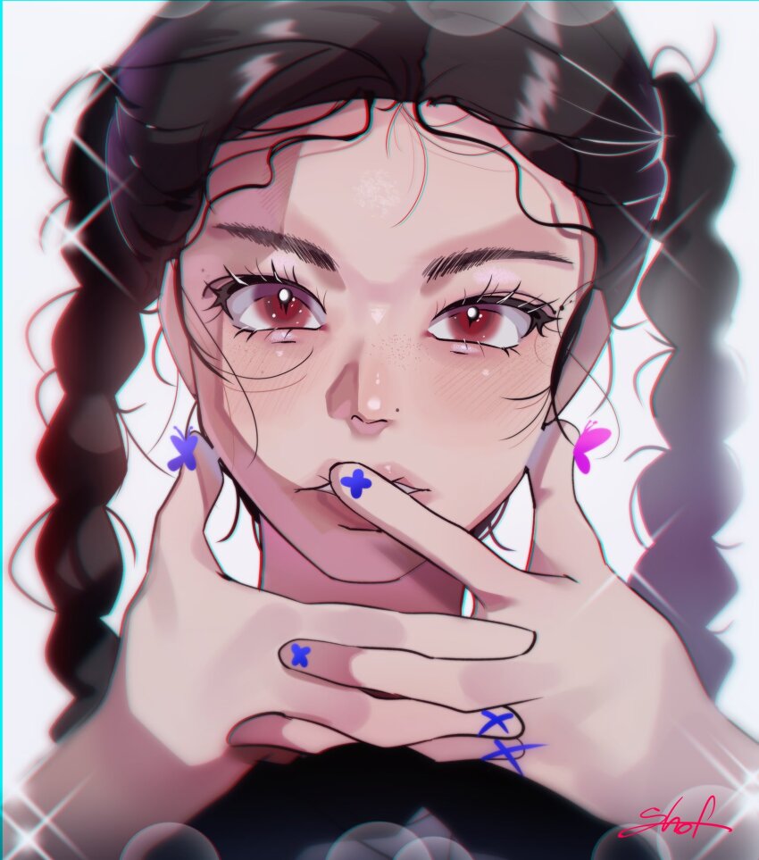 1girl animification black_hair blush braid covered_mouth eye_piercing glint hand_on_another&#039;s_mouth head_tilt highres hyein_(newjeans) k-pop lens_flare looking_at_viewer mole mole_above_eye newjeans parted_lips pink_lips portrait real_life red_eyes shof_heart signature solo_focus straight-on stray_hair twin_braids