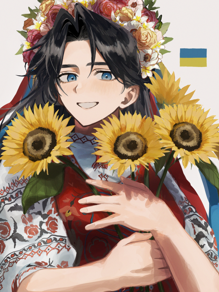 1girl black_hair embroidery flower hair_intakes head_wreath highres holding holding_flower long_hair long_sleeves open_mouth original personification pink_flower puffy_long_sleeves puffy_sleeves red_vest rose saboten92 shirt simple_background smile solo sunflower teeth ukraine_(saboten92) ukrainian_flag vest vinok vyshyvanka white_background white_flower white_shirt yellow_flower