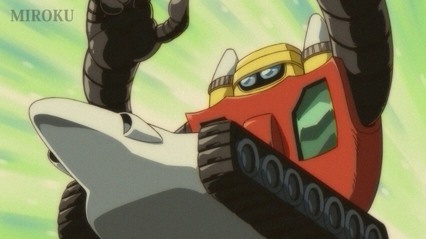 armor blue_eyes caterpillar_tracks fake_screenshot full_body getter-3 getter_robo getter_robo_(classic) hands_up highres ishikawa_ken_(style) mecha mecha_focus miroku_(miroku_t) multicolored_armor red_armor retro_artstyle robot super_robot white_armor yellow_armor
