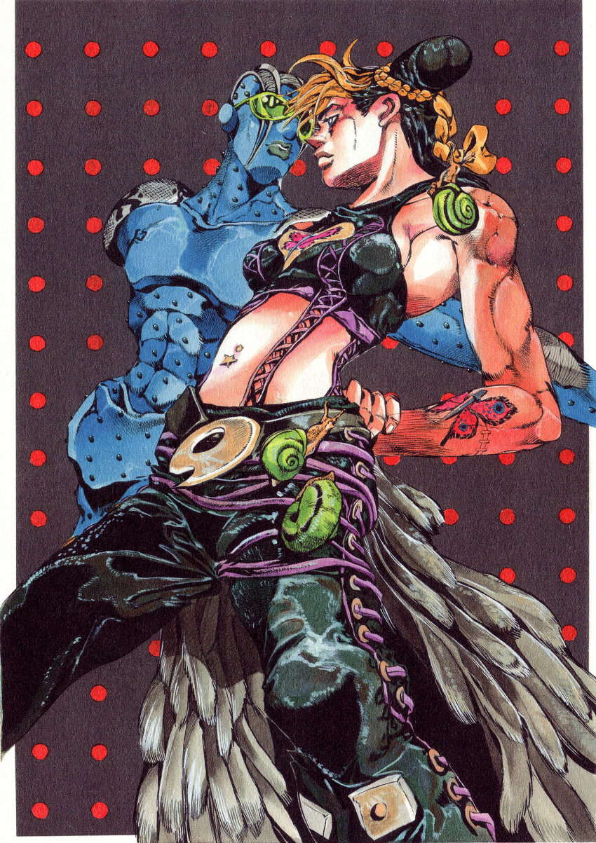 1girl absurdres araki_hirohiko araki_hirohiko_(style) black_hair blonde_hair braid braided_ponytail breasts closed_mouth double_bun hair_bun halterneck hand_on_back highres jojo_no_kimyou_na_bouken kuujou_jolyne looking_away medium_breasts midriff multicolored_hair navel_piercing official_art pants parted_lips patterned_background piercing polka_dot polka_dot_background scan stand_(jojo) stone_free sunglasses tattoo third-party_edit two-tone_hair