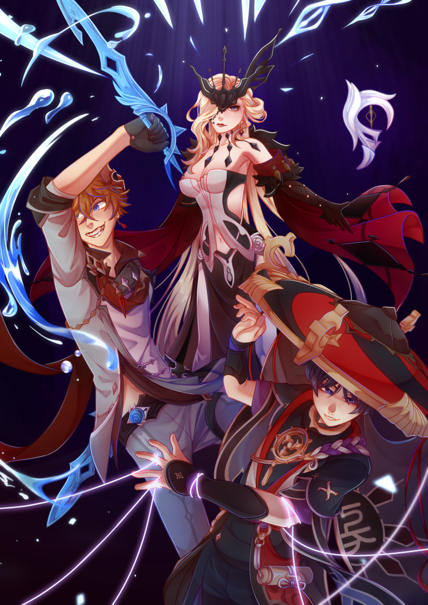 1girl 2boys absurdres armor bare_shoulders black_gloves black_hair black_mask blonde_hair blue_eyes blunt_ends breasts butterfly_mask cape cleavage coffeerekohai commentary cryokinesis delusion_(genshin_impact) dress earrings elbow_gloves electricity electrokinesis english_commentary eyeliner eyeshadow genshin_impact gloves hair_between_eyes half_mask hat highres hydrokinesis jacket japanese_armor japanese_clothes jewelry jingasa kote kurokote lace-trimmed_eyepatch large_breasts long_hair long_sleeves makeup mask mask_on_head mask_over_one_eye multiple_boys one_eye_covered orange_hair purple_eyes purple_hair red_cape red_eyeliner red_eyeshadow red_mask red_scarf scaarf scaramouche_(genshin_impact) scarf shirt short_hair signora_(genshin_impact) smile strapless strapless_dress studded_gloves tartaglia_(genshin_impact) water
