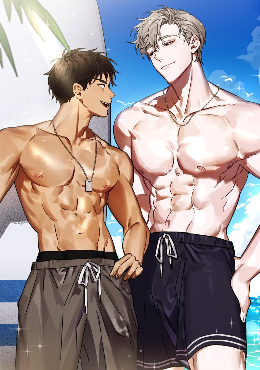 1blgs 2boys abs absurdres armpits bara beach black_hair black_male_swimwear dark-skinned_male dark_skin dog_tags eye_contact feet_out_of_frame grey_hair grey_male_swimwear height_difference highres ilay_riegrow jeong_taeui large_pectorals looking_at_another male_focus male_swimwear multiple_boys muscular muscular_male navel nipples passion_(manhwa) pectorals shiny_skin short_hair smile sparkle sparkling_aura standing stomach swim_trunks swimsuit swimsuit_under_swimsuit tan thick_eyebrows topless_male v-taper water yaoi