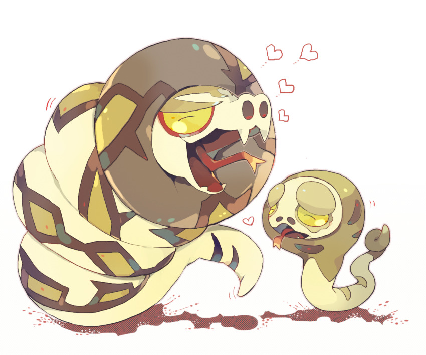 ^_^ akadako animal_focus closed_eyes colored_sclera fangs forked_tongue full_body gen_8_pokemon green_sclera grey_background grey_outline heart nintendo no_humans open_mouth outline pokemon pokemon_(creature) sandaconda silicobra simple_background skin_fangs smile snake tongue tongue_out