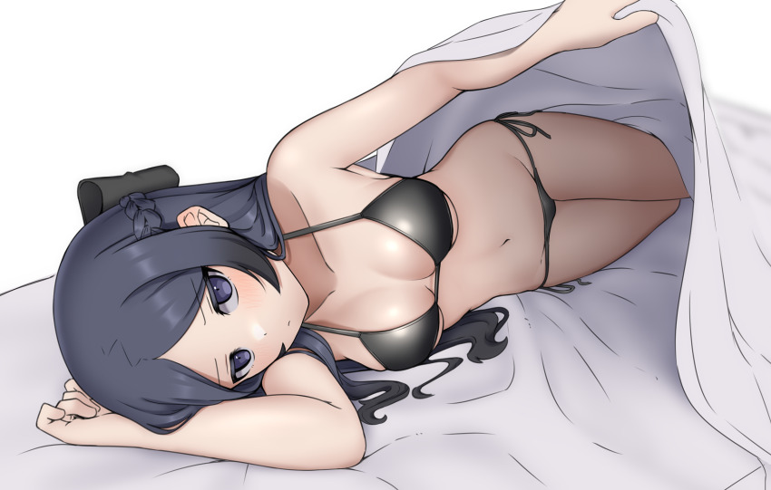 1girl arm_behind_head arm_up bare_arms bare_shoulders bikini bismuth_(paravene) black_bikini black_bow black_hair blush bow braid closed_mouth collarbone groin hair_bow highres long_hair looking_at_viewer navel original parted_bangs purple_eyes side-tie_bikini_bottom simple_background solo swimsuit under_covers very_long_hair white_background
