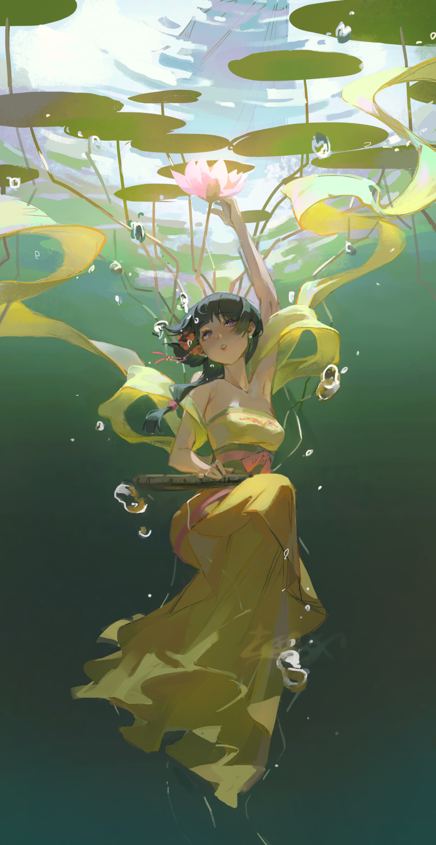 1girl absurdres breasts bubble chinese_clothes di_qiya_bingkuai flower full_body green_hair green_theme hagoromo hanfu highres kusuriya_no_hitorigoto lily_pad lotus maomao_(kusuriya_no_hitorigoto) pink_sash sash shawl solo underwater yellow_hanfu