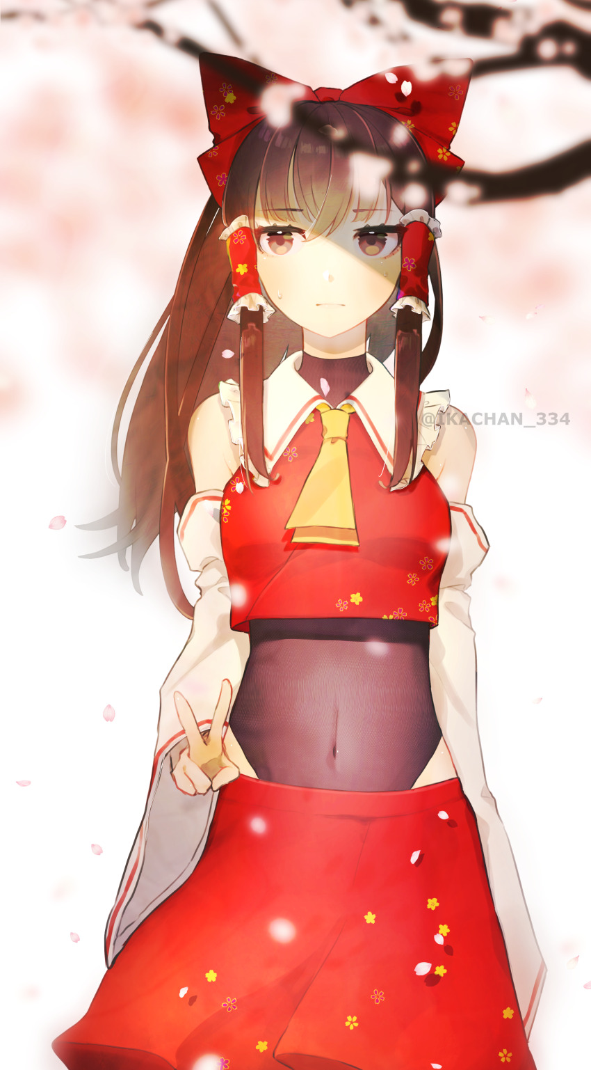1girl absurdres adapted_costume ascot black_leotard blurry bow breasts brown_eyes brown_hair cherry_blossoms closed_mouth commentary_request covered_navel crop_top depth_of_field detached_sleeves falling_petals frilled_hair_tubes frills hair_bow hair_tubes hakurei_reimu highres ika_(ikachan_334) leotard long_hair looking_at_viewer petal_print petals pink_petals print_bow red_bow red_skirt ribbon-trimmed_sleeves ribbon_trim shadow skirt skirt_set solo sweatdrop touhou twitter_username v yellow_ascot