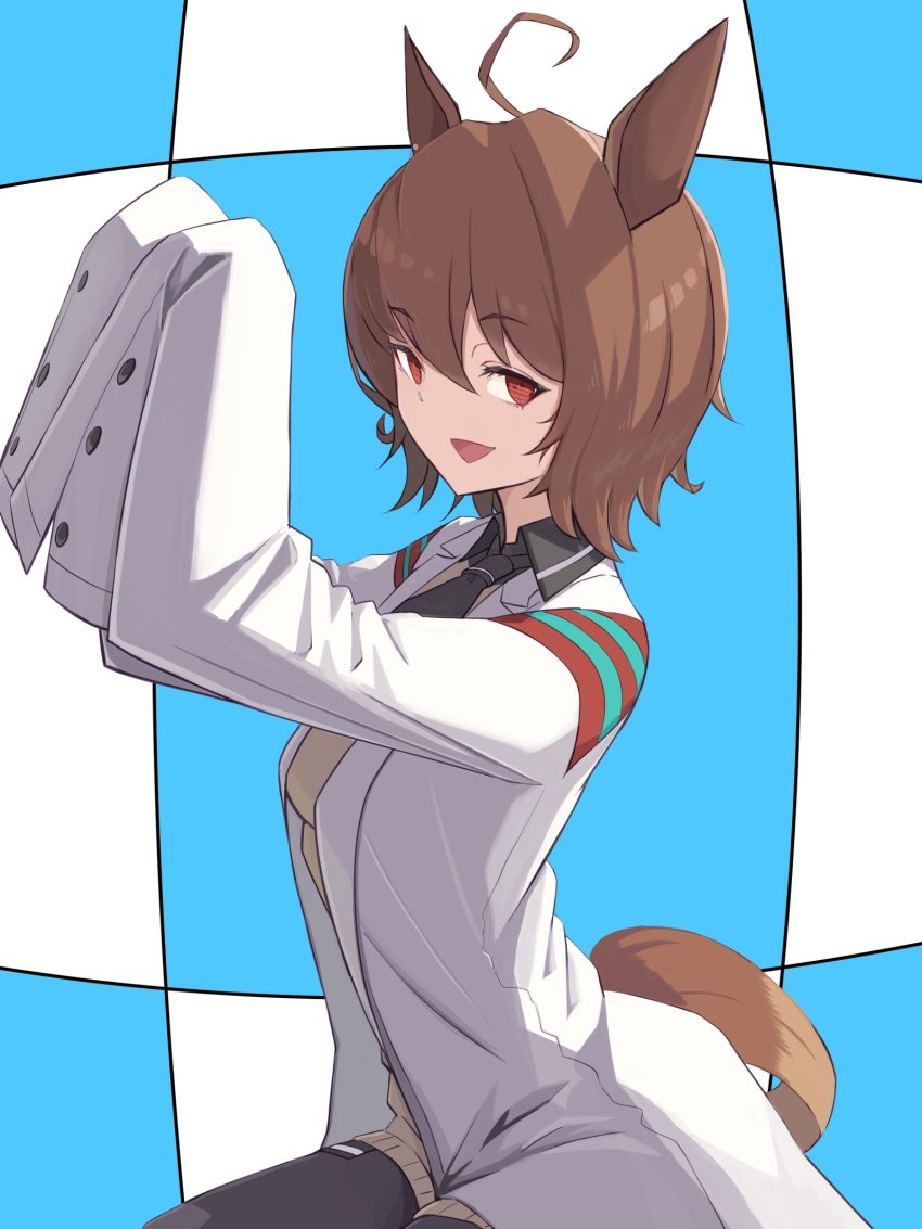 1girl agnes_tachyon_(umamusume) ahoge animal_ears collared_shirt highres horse_ears horse_girl lab_coat long_sleeves madori_(madori151) necktie open_mouth red_eyes shirt sleeves_past_fingers sleeves_past_wrists solo umamusume upper_body very_long_sleeves