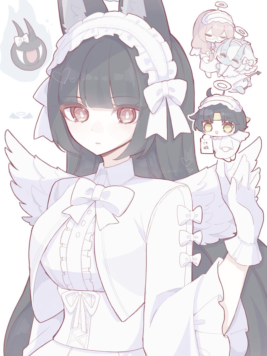 1boy 3girls absurdres alternate_costume animal_ears asaba_harumasa black_hair blonde_hair blue_horns blue_oni blue_skin blunt_bangs bow bowtie chibi colored_skin dress eyeball fox_ears fox_girl glasses gloves hair_between_horns halo headband highres horns hoshimi_miyabi long_hair multiple_girls oni pink_eyes pink_hair simple_background smile soukaku_(zenless_zone_zero) tailless_(zenless_zone_zero) tsukishiro_yanagi white_background white_bow white_bowtie white_dress white_gloves white_halo white_headdress white_wings wings yellow_headband zenless_zone_zero zzzii0