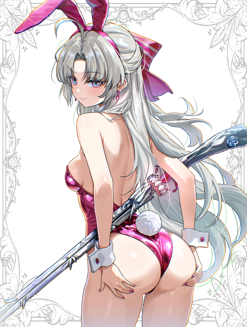 1girl absurdres ahoge alternate_costume animal_ear_hairband animal_ears aqua_eyes armpit_crease ass ass_support bare_shoulders blush bow breasts carlotta_(wuthering_waves) chromatic_aberration closed_mouth commentary cowboy_shot earrings fake_animal_ears from_behind grey_hair gun hair_bow hairband highres jewelry leotard long_hair looking_at_viewer looking_back median_furrow medium_breasts multicolored_eyes nail_polish pink_bow pink_eyes pink_nails playboy_bunny rabbit_ear_hairband rabbit_ears rifle shoulder_blades smile solo striped_bow two-tone_eyes umamipesto very_long_hair weapon white_wrist_cuffs wrist_cuffs wuthering_waves